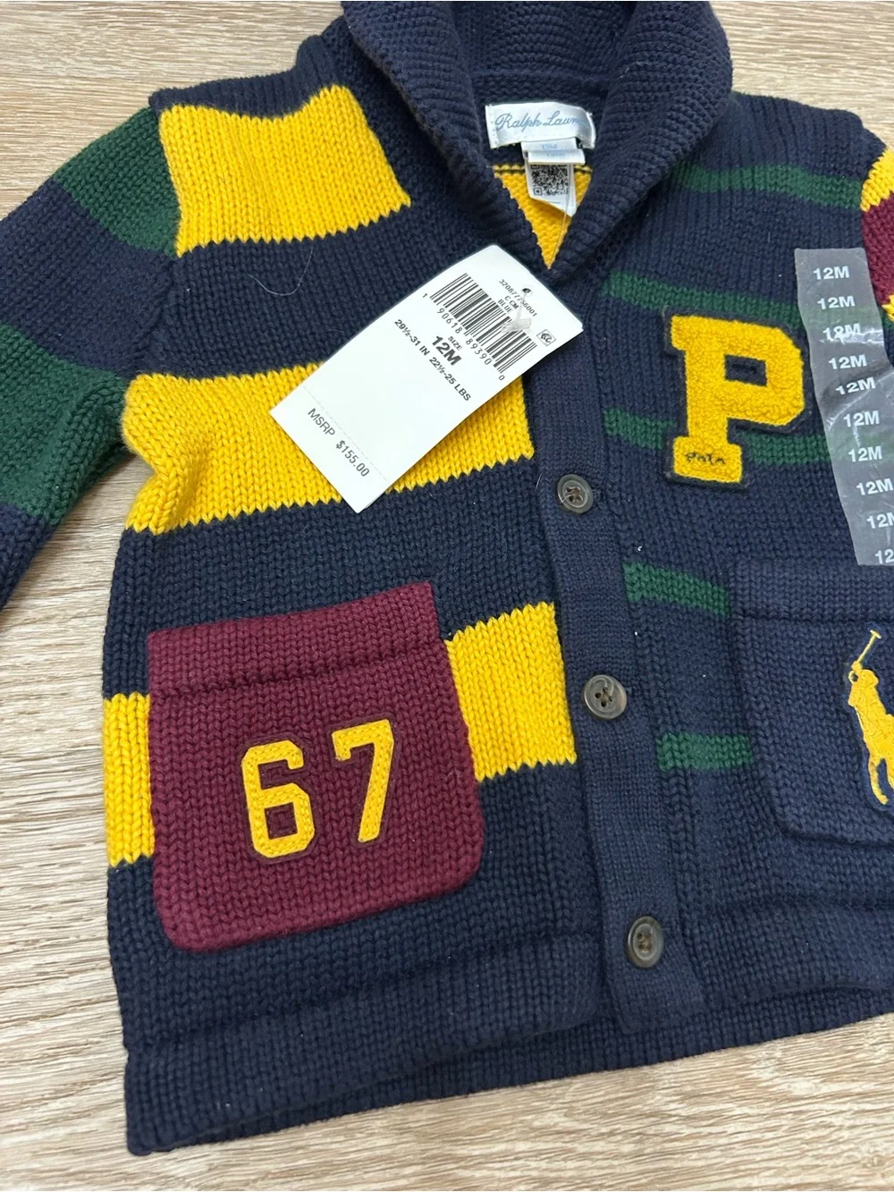 155$ Bnwts Polo Ralph Lauren Baby Boys Varsity Letterman Cardigan 12 M Big Pony